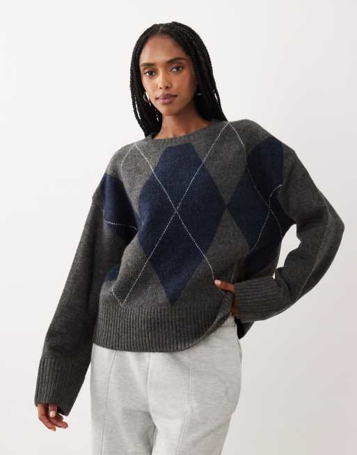 Cotton On luxe crew neck jumper in charcoal argyle , 2 of 4