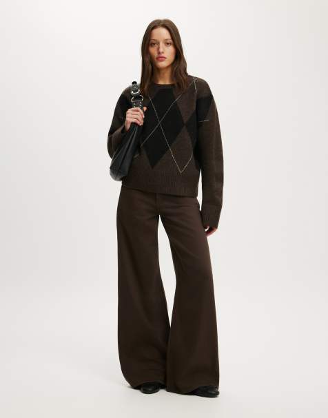 Cotton On Luxe crew neck sweater in luxe dark oak argyle - view 1