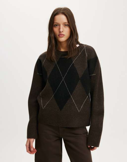 Cotton On Luxe crew neck sweater in luxe dark oak argyle, 2 of 4