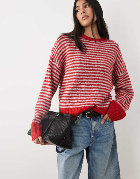 Cotton On Luxe crew neck sweater in red stripe - view 1