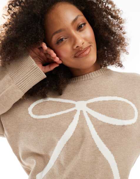 Cotton On luxe crew pullover knitted jumper in cream with bow intarsia - view 1