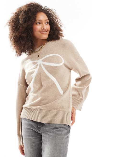 Cotton On luxe crew pullover knitted jumper in cream with bow intarsia ASOS