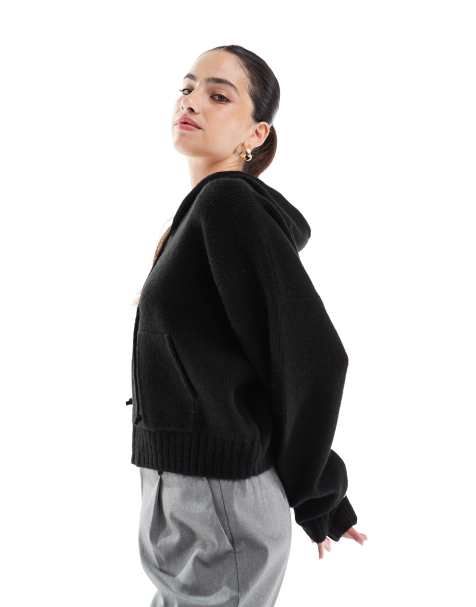 Cotton On luxe cropped knit bomber jacket in black - view 1