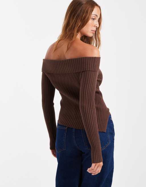 Cotton On - Luxe - Gebreide top met blote schouders in bruin, 3 van 4