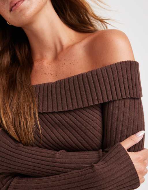 Cotton On - Luxe - Gebreide top met blote schouders in bruin, 4 van 4
