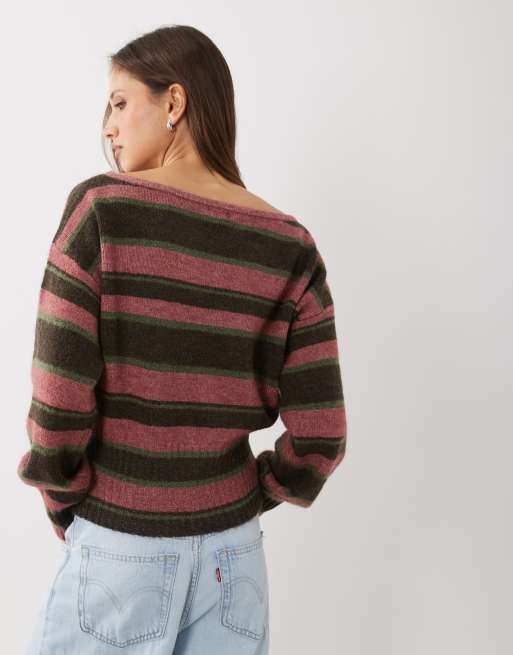 Cotton On - Luxe - Jersey a rayas multicolores holgado de manga larga con hombro caído de punto, 4 de 4