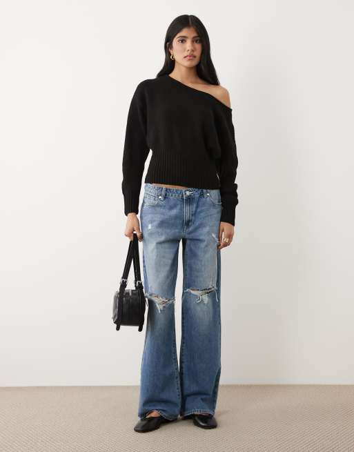 Cotton On - Luxe - Jersey negro holgado con escote Bardot de punto, 2 de 4
