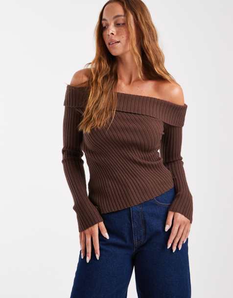 Cotton On luxe off shoulder knit jumper in brown - view 1