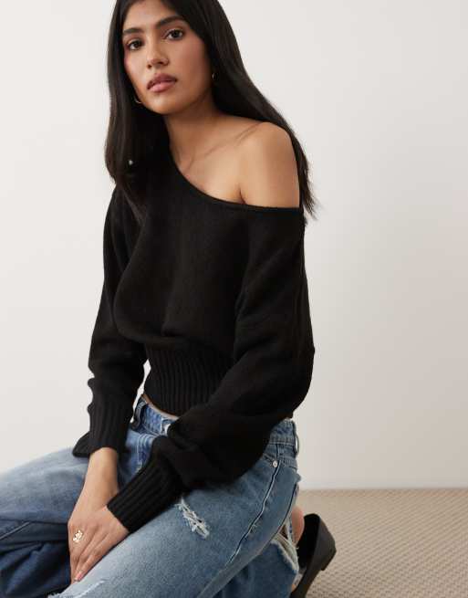 Cotton On - Luxe - Ruimvallend gebreid sweatshirt met blote schouder in zwart, 3 van 4
