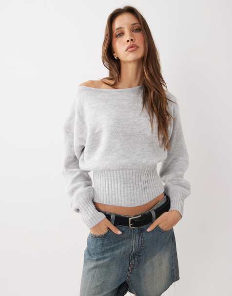 Cotton On - Luxe - Ruimvallende gebreide top met blote schouder en lange mouwen in gemêleerd grijs - view 1