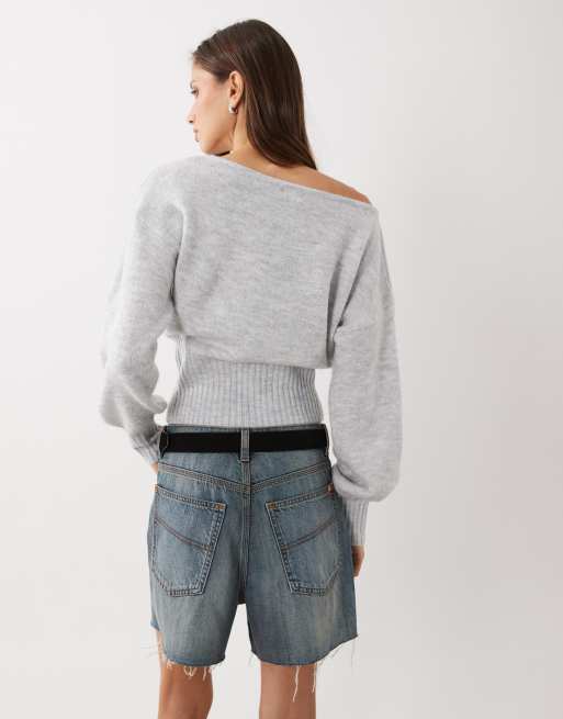 Cotton On Luxe slouch off shoulder long sleeve knit in gray heather, 3 of 4