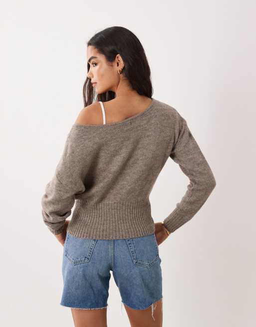 Cotton On Luxe slouch off shoulder long sleeve knit sweater in chai dust heather, 3 of 4