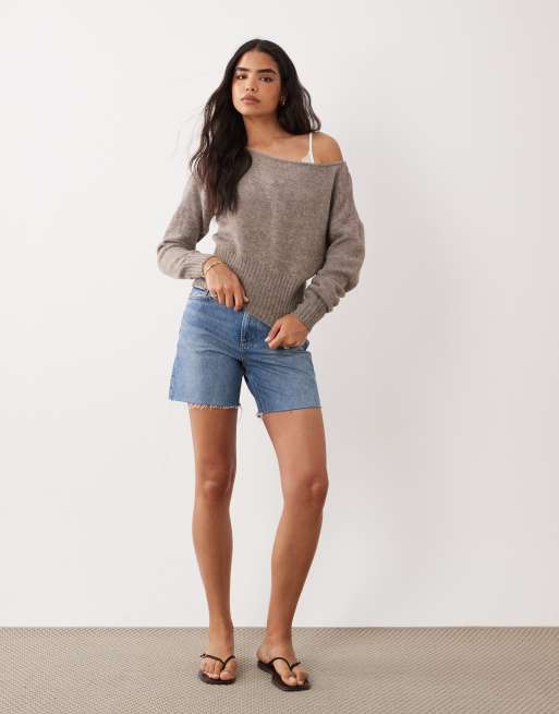 Cotton On Luxe slouch off shoulder long sleeve knit sweater in chai dust heather, 4 of 4