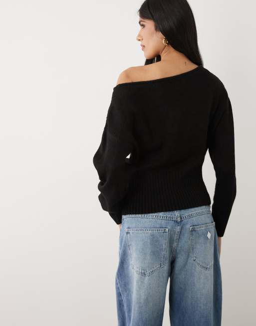 Cotton On - Luxe - Strikket og løstsiddende sort offshoulder-trøje, 4 af 4