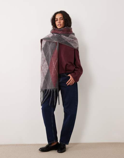 Cotton on luxe tassel scarf in red pink grey argyle, 3 of 3