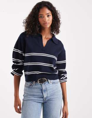 Cotton On - Luxuriöser Pullover in gestreiftem Moonlit-Indigoblau mit Kragen-Marineblau