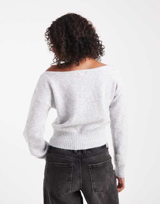 Cotton On – Luxuriöser, schulterfreier Strickpullover in meliertem Grau, 4 von 4