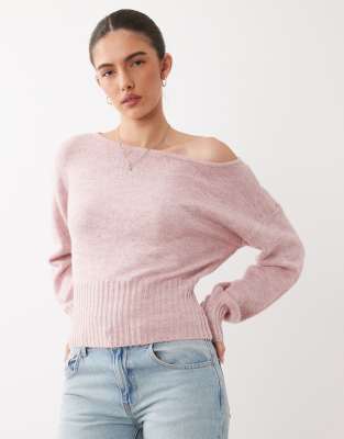 Luxuriöses, schulterfreies Strickoberteil in Blushed Cloud-Rosa Rosa XS