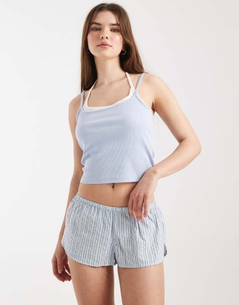 Cotton On - Lyseblå girlfriend-shorts i flonel med striber - view 1