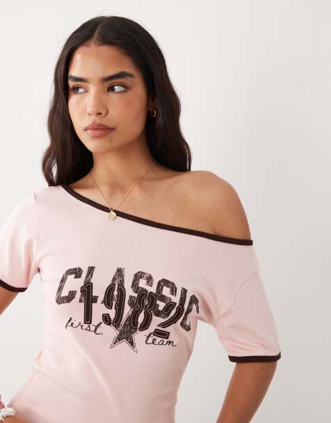 Cotton On - Lyserød og brun offshoulder-T-shirt med grafik - view 1