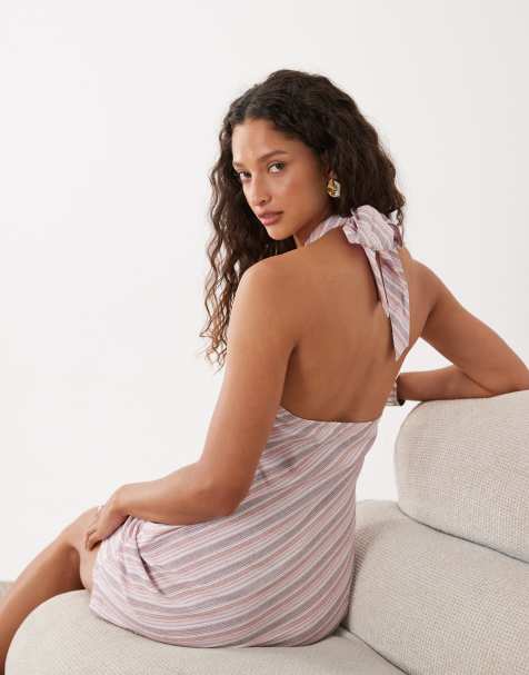 Cotton On - Lyserød stribet halterneck-kjole i hørlook - view 1