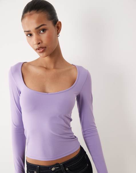 Cotton On - Lyslilla langærmet T-shirt med hjerteformet hals - view 1