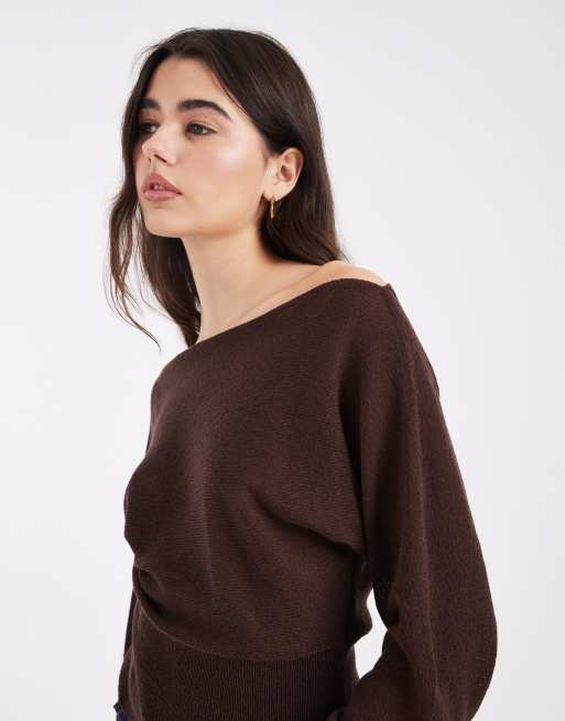Cotton On - Maglia in cotone color marrone moka con maniche lunghe a pipistrello , 2 di 4