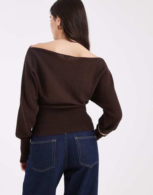 Cotton On - Maglia in cotone color marrone moka con maniche lunghe a pipistrello , 4 di 4