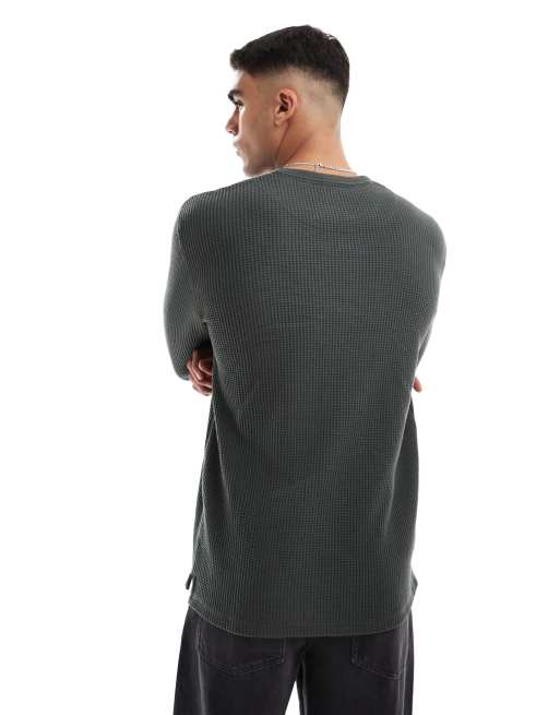 Cotton On - Maglietta a maniche lunghe in piqué verde esercito spessa, 4 di 4