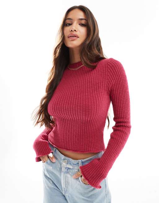 Cotton On - Maglione corto aderente a maniche lunghe color tulipano con scollo a barchetta