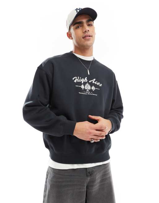 Cotton On - Maglione girocollo squadrato nero con stampa “High Aces”