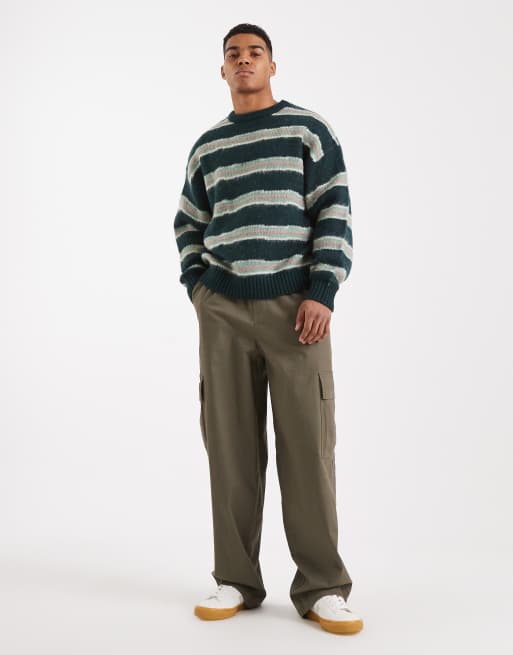 Cotton On - Maglione lanuginoso girocollo squadrato verde a righe, 2 di 5