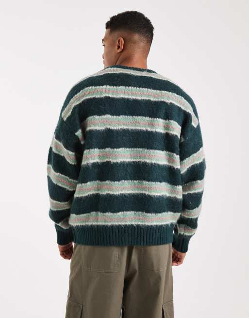 Cotton On - Maglione lanuginoso girocollo squadrato verde a righe, 3 di 5