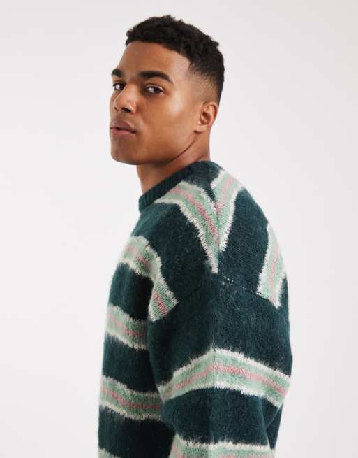 Cotton On - Maglione lanuginoso girocollo squadrato verde a righe, 4 di 5