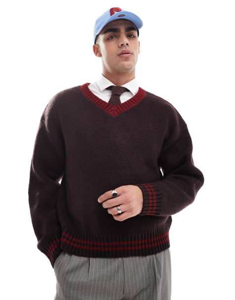 Cotton On - Maglione marrone e rosso con scollo a V - view 1