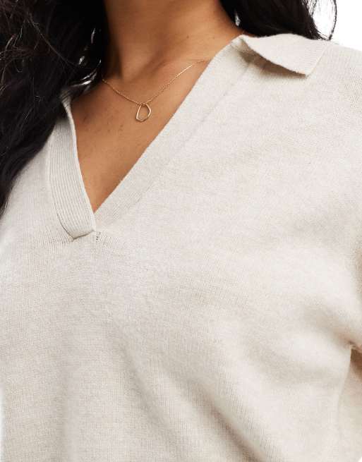 Cotton On - Maglione stile polo color pietra con scollo a V, 3 di 4