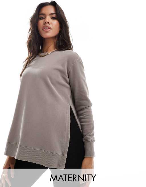 Cotton On – Mammakläder – Brun, tvättad, klassisk azul sweatshirt i fleece med nitar på sidan 