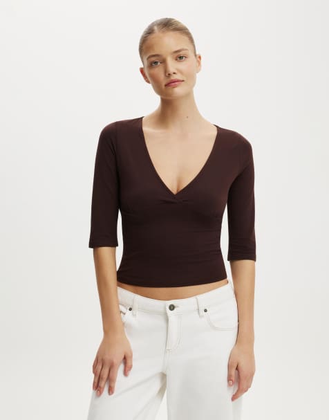 Cotton On Maple v neck 3/4 sleeve in brown - view 1