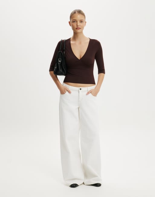 Cotton On Maple v neck 3/4 sleeve in brown, 2 of 4