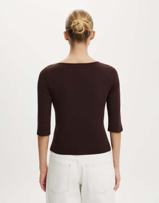 Cotton On Maple v neck 3/4 sleeve in brown, 4 of 4
