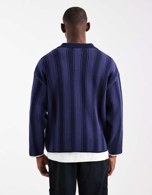 Cotton On - Marineblå, firkantet og langærmet poloskjorte med striber, 3 af 5