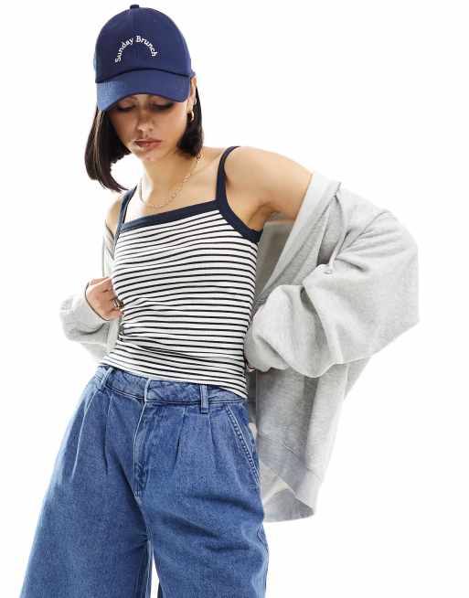 Cotton On - Marineblå stribet croptop med firkantet hals 