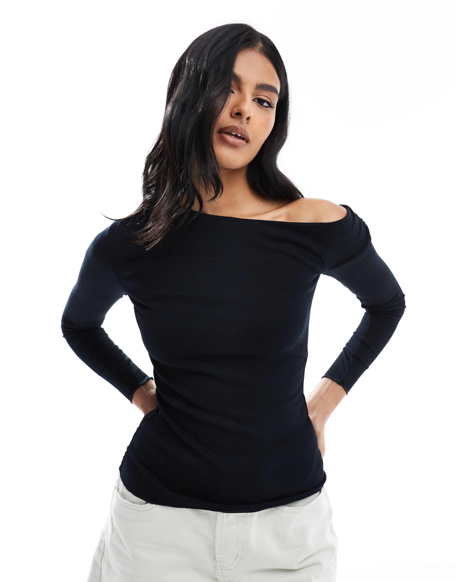 cotton on marlow asymmetrical long sleeve top in black