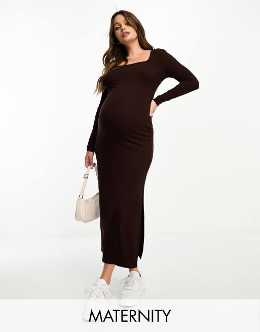 Cotton On Maternity – Brązowa sukienka midi z długimi rękawami 