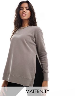 Cotton:on Cotton On Maternity Classic Stud Side Fleece Crew Sweatshirt In Washed Brown