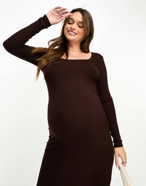 Cotton On Maternity long sleeve midi dress in brown | ASOS