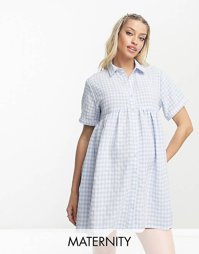 Cotton:On - Cotton On Maternity loose tiered shirt mini dress in blue gingham