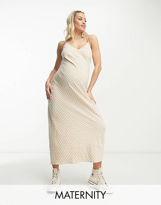 Cotton:On - Cotton On Maternity v slip midi dress in taupe gingham