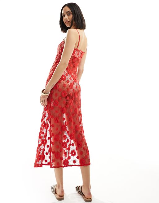 Cotton On maxi cami dress in summer red crochet | ASOS