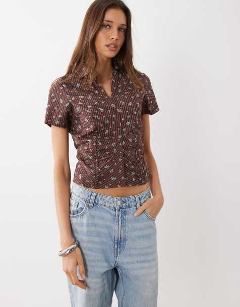 Cotton On - Maya - Chemise froncée à fines rayures - Chêne foncé - view 1